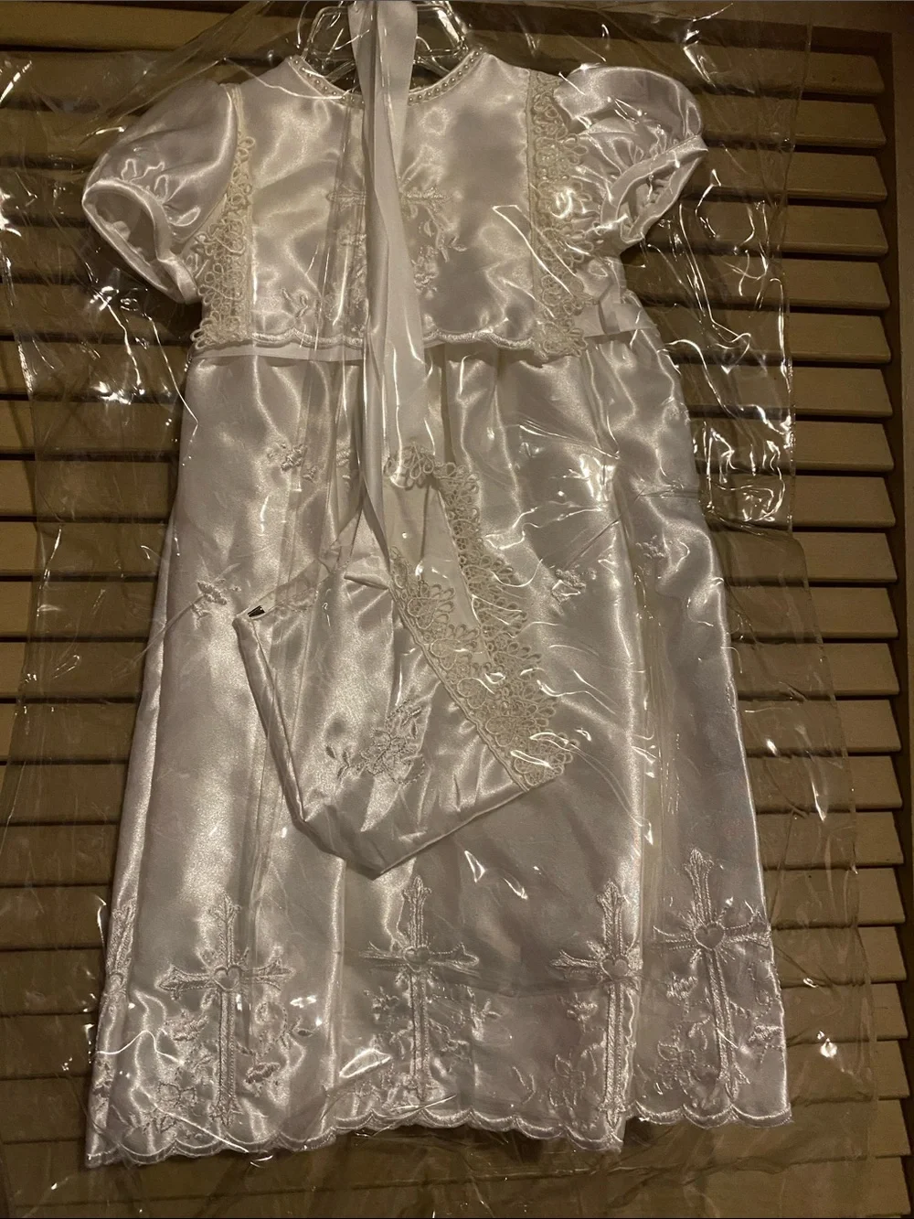 Ivory Satin  Girl Dress with Lace Trim and hat